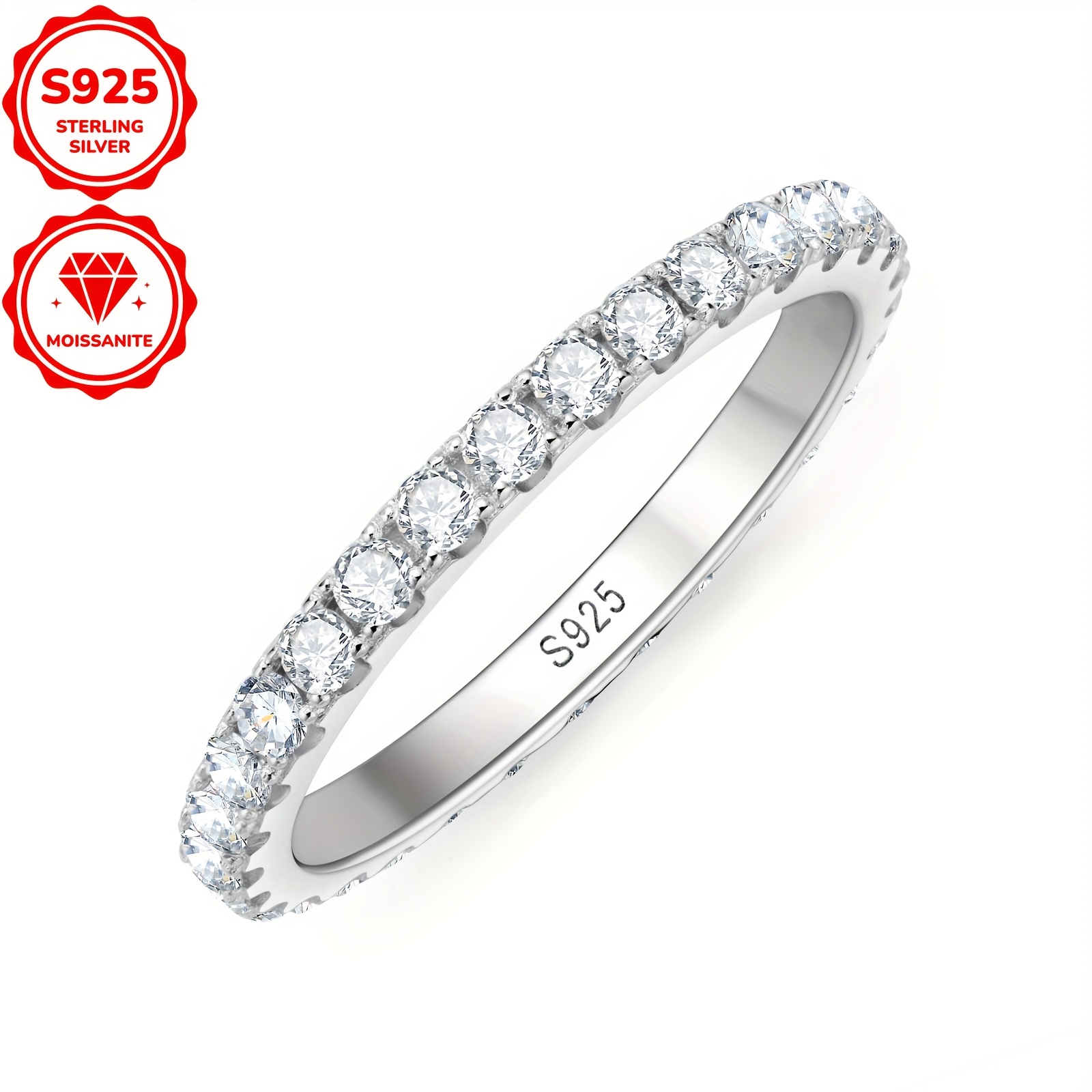 925 Silver Moissanite Stackable Band Ring 2mm 0.03ct Size 4-10